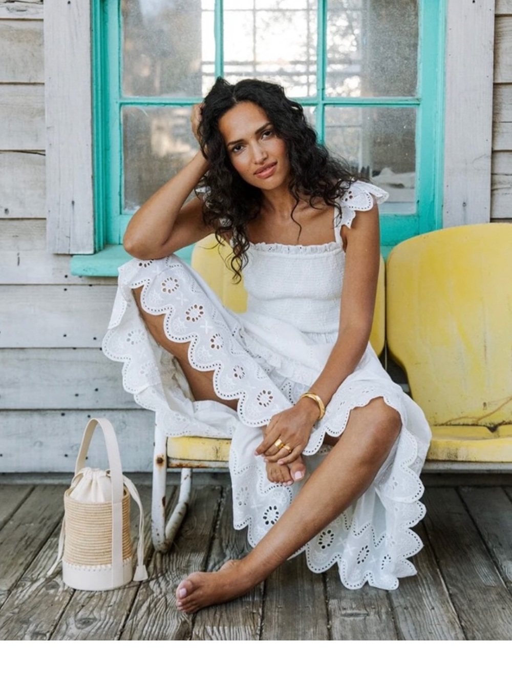 Cleobella Taryn White Embriodered Eyelet Square Neck Smocked Top Scalloped Hem